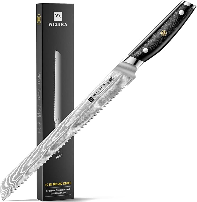WIZEKA Serrated Bread Knife: 10 inch Damascus Bread Knife for Homemade Bread: Razor Sharp VG10 Damascus Steel Multifunction Serrated Knife for Slicing Homemade Bread, Bagels, Cake