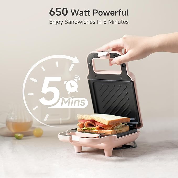 SIMPLUS Electric Sandwich Maker with Non-Stick Plates, Indicator Lights, Cool Touch Handle, Easy to Clean and Store, Perfect for Cooking Breakfast, Grilled Cheese, Tuna Melts and Snacks, Pink