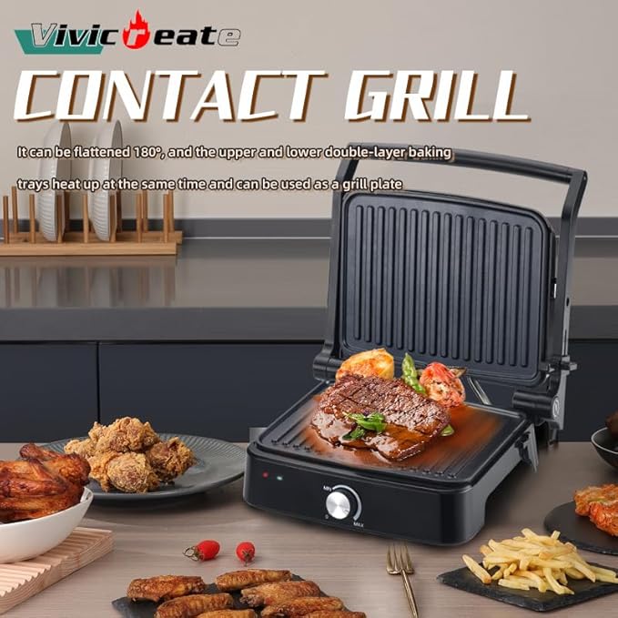 Vivicreate 5-in-1 Contact Grill Panini Press Nonstick Electric Grill Adjustable Temperature Removable Plates Portable for Sandwiches Steak Breakfast Parrilla eléctrica prensa de panini sándwiches