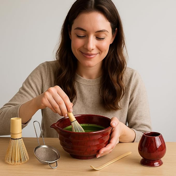 Matcha Whisk Set, 2025 New Ceramic Matcha Set Includes Matcha Bowl, Bamboo Scoop,Sifter, Whisk and Holder- 5 Pcs Kit for Matcha Lovers (Rose Red)