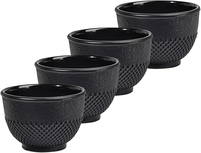 Sungmor Cast Iron Teacups - Set of 4 & 5 Ounce Japanese Style Tea Cups - Heavy Weight Black Polka Dot Teacups - Coated with Enameled Interior Vintage Teacups for Households, Offices, Tea House