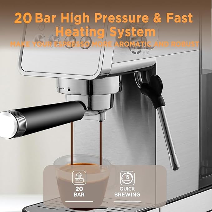 Espresso Machine,15 Bar Semi-Automatic Espresso Maker with Milk Frother,Compact Stainless Steel Coffee Machine with 40oz Removable Water Tank for Cappuccino,Latte, Americano,Sliver for Home