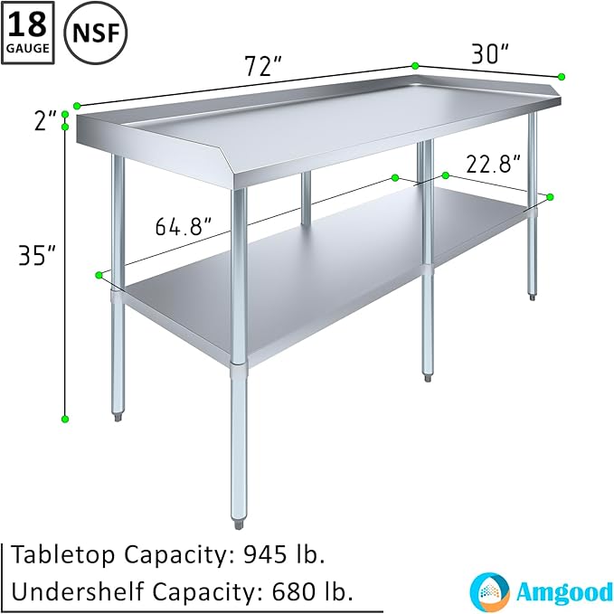 AmGood Commercial Work Table with Backsplash and Sidesplashes | Height: 35" | Stainless Steel Prep Table for Kitchen, Restaurant, Garage, Laundry | NSF (72" Long x 30" Deep)
