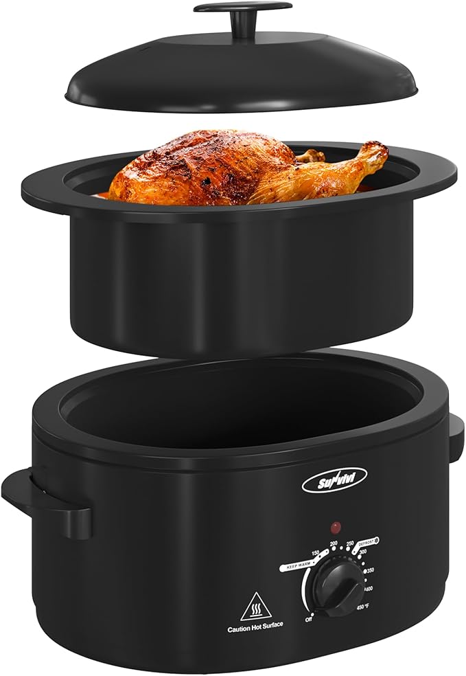 Sunvivi Roaster Oven with Self-Basting Lid, Electric 8-Quart Turkey Roaster Oven with Removable Pan and Rack, Stainless Steel, Black