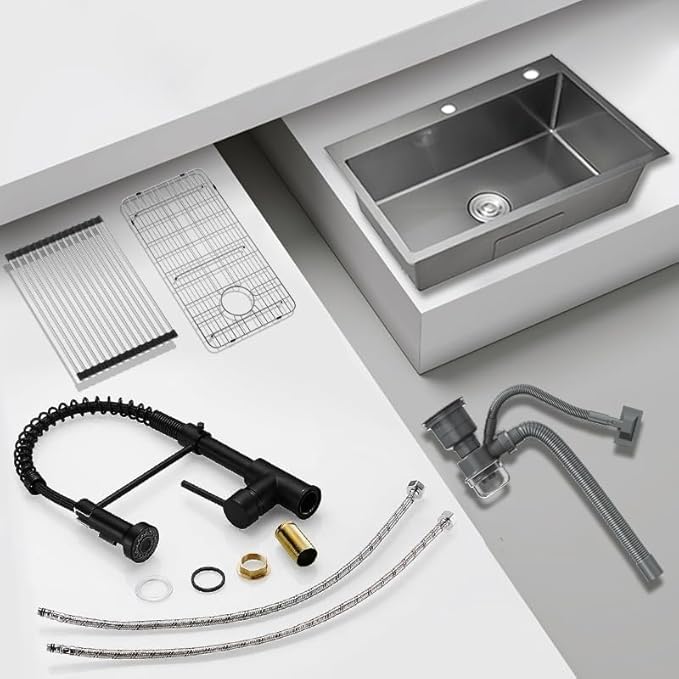 Top-mount Kitchen Sinks,33X22 Inch Drop in Black Single Bowl,9 Inch Deep Handmade Overmount Kitchen Sink, T304 Stainless Steel Nano Black Workstation Sink and Faucet with Accessories
