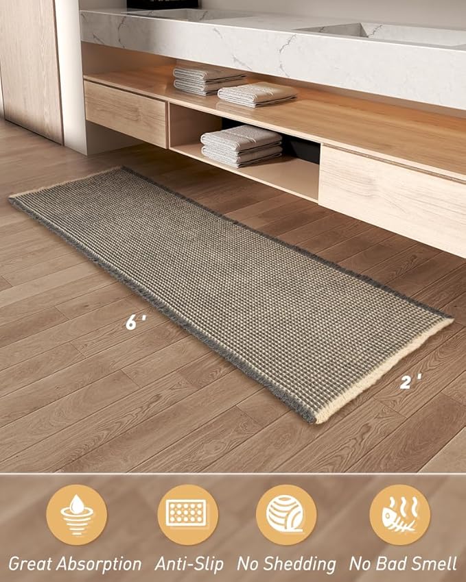 Upgraded Waffle Runner Rug Super Absorbent Non Slip Bath Mats for Bathroom Washable Bathroom Runner Rug with Tassels, Ideal for Hallway Bedroom Laundry Room, Dark Grey & Yellow, 2' x 6'(24" x 72")
