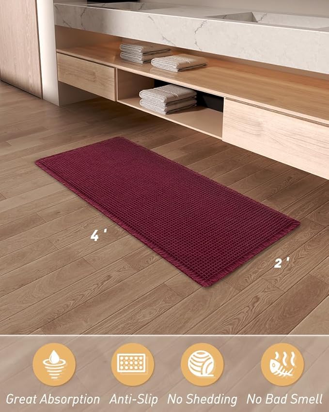 Upgraded Waffle Runner Rug Super Absorbent Non Slip Bath Mats for Bathroom Machine Washable Bathroom Runner Rug with Tassels, Ideal for Hallway Bedroom Laundry Room, 2'x 4'(24" x 48"), Burgundy