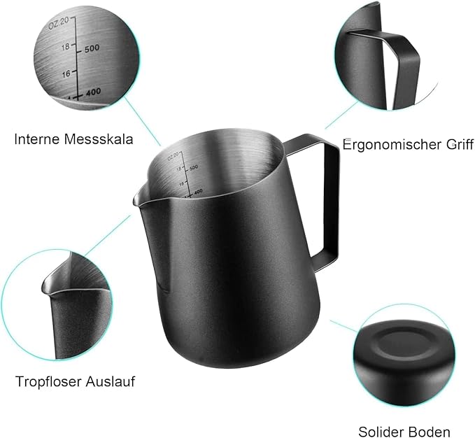 Milk Frothing Pitcher, Stainless Steel Milk Frother Cup,20 OZ/600ML Black Milk Frother Pitcher Barista Tools, Espresso Machine, Milk Frother
