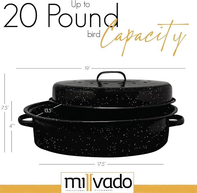 Roasting Pan With Lid, Thanksgiving Turkey Roaster Pan, Extra Large 20 lb Capacity, 19" Granite Oven Roaster Oval Shaped Speckled Enamel on Steel Cookware