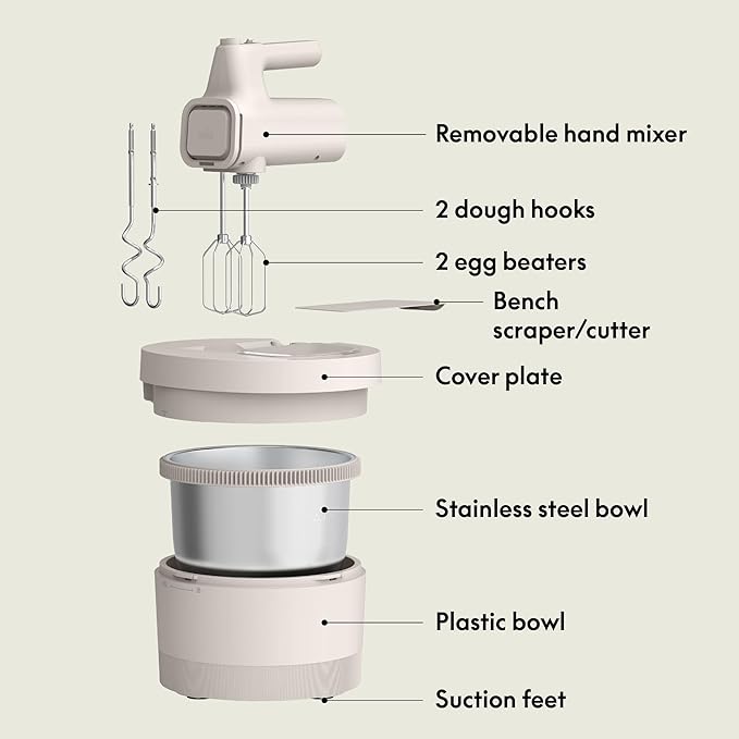 bella 3.5 Qt Hand & Stand Mixer, 2 in 1 Electric Mixer with Bowl, Dough Hook, Whisk & Egg Beater, Multifunctional Handheld Blender & Mixer for Baking, 200 Watt, Oatmilk