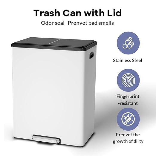 GarveeHome Step Dual Trash Can, 60 L/16 gal Recycle Bins with Lid, 2 Removable Wastebusket, Step Pedal, Large Stainless Steel Double Trash Bin for Kitchen, Bathroom
