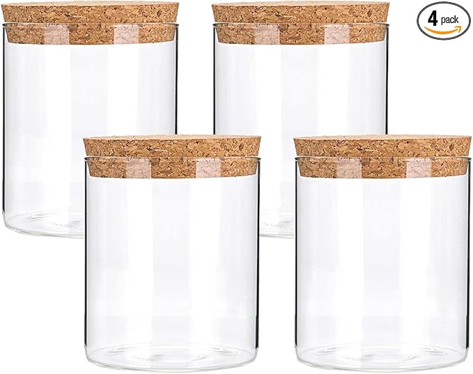 Airtight Glass Storage Containers with cork Lid, for Kitchen Pantry Organization and Storage jar，Ideal for Coffee Beans Snacks Flour Cereal Sugar Tea 16oz. (Circular 3.9 * 3.3in*4pcs)
