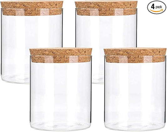 Airtight Glass Storage Containers with cork Lid, for Kitchen Pantry Organization and Storage jar，Ideal for Coffee Beans Snacks Flour Cereal Sugar Tea 16oz. (Circular 3.9 * 3.3in*4pcs)