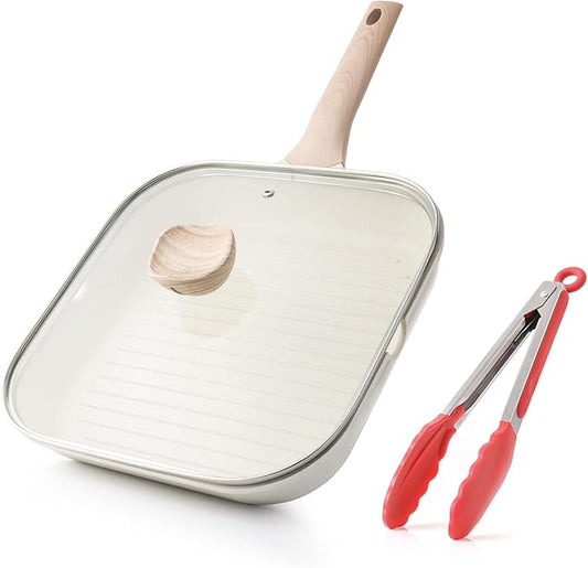 Nonstick Grilling Pan with Lid for Stove Tops, 11 Inch Square Grill Pan for Indoor Cooking, Healthy Coating Grill Skillet with Pour Spouts, Versatile Griddle, Induction Steak Pan, White