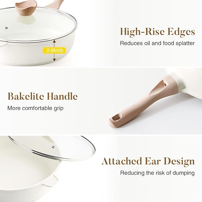 Nonstick Ceramic Deep Frying Pan, 10 Inch Non Toxic Skillet with Lid, Healthy Jumbo Cooker, Saute Pan for Cooking, Induction Cookware, PFOA & PFAS Free (Cream)