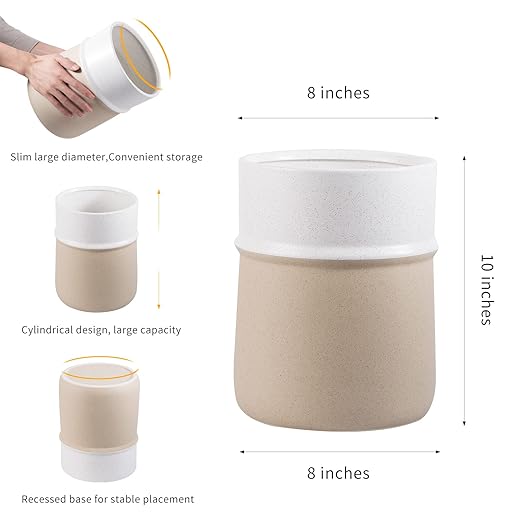 Decorative Round Small Trash Can Wastebasket, Garbage Container Bin for Bathrooms, Powder Rooms, Kitchens, Home Offices - Sand Glaze Non-Slip Design,Beige