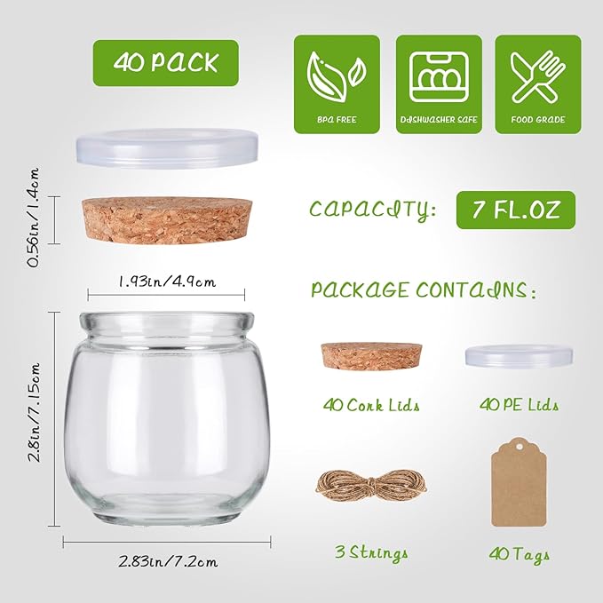 40 Pack 7 oz Glass Yogurt Jars with Cork Lids and PE Lids, Small Glass Pudding Jars, Glass Jars for Wedding Favors, Milk, Jams and DIY Gift, Label, Tags and Twine included