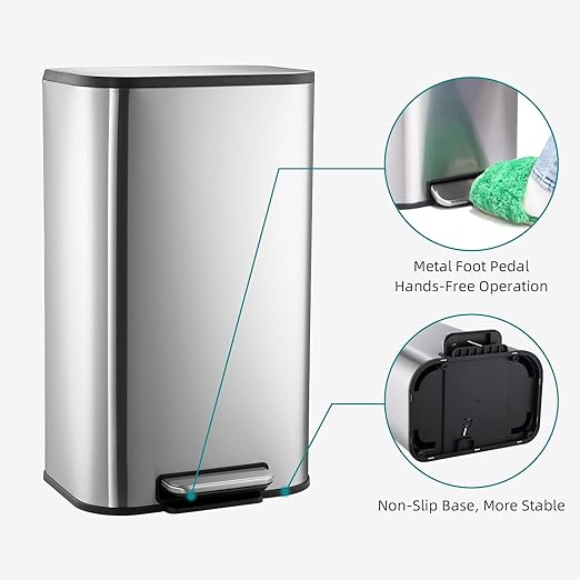 8 gal Kitchen Trash Can, 30 L Stainless Steel Garbage Can with Soft-Close Lid, Rectangular Waste Bin with Inner Bucket for Home Office Living Room