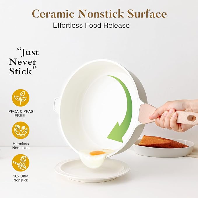 Nonstick Ceramic Deep Frying Pan, 12 Inch Non Toxic Large Skillet with Lid, 5 Qt Healthy Jumbo Cooker, Saute Pan for Cooking, Induction Cookware, PFOA & PFAS Free (Cream)