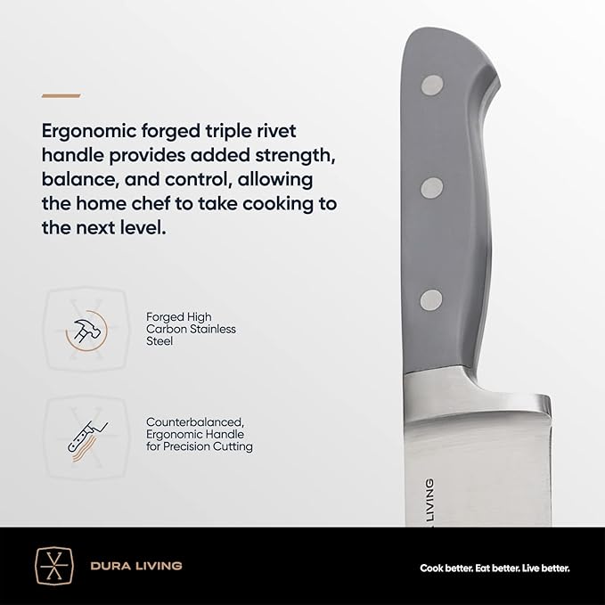 DURA LIVING 3-Piece Kitchen Knife Set – Ultra-Sharp Forged High Carbon Stainless Steel, Includes 8" Chef, 5" Utility, 3.5" Paring Knives, Ergonomic Handles, Professional Starter Set, Gray