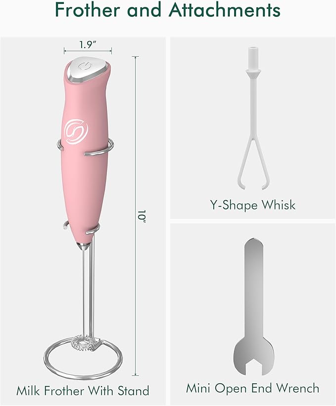 Milk Frother With Stand Frother Wand Coffee Frother Handheld Drink Mixer Handheld with 2 Whisks Electric Whisk Stirrers Electric Milk Frother for Coffee Mixer Wand Milk Foamer-Pink