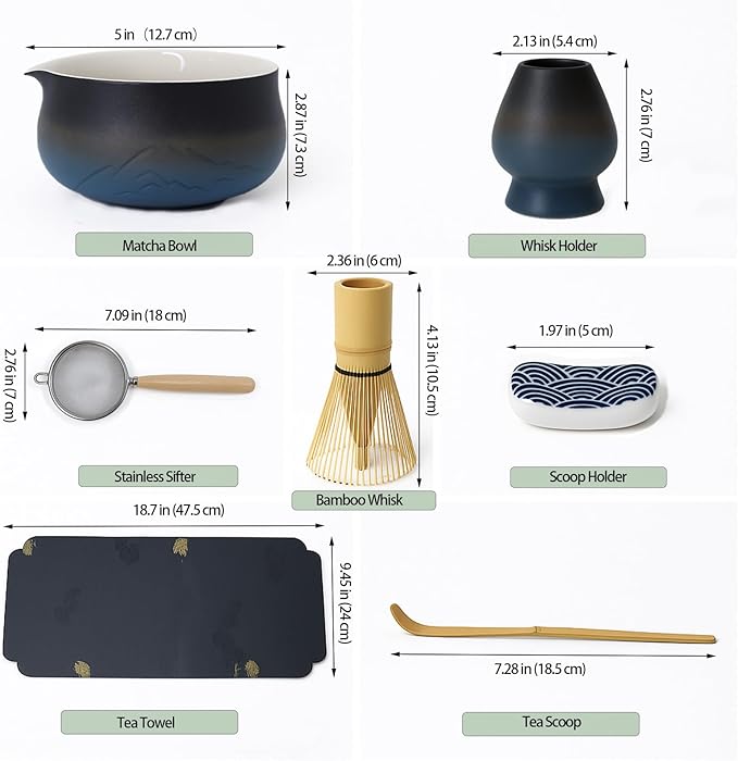 7 Pcs Matcha Whisk Set - Complete Matcha Kit Set Includes Matcha Bowl with Spout, Bamboo Whisk with Holder, Scoop, Sifter, Scoop Holder, Tea Towel - Ideal Gift for Matcha Lovers (Blue)