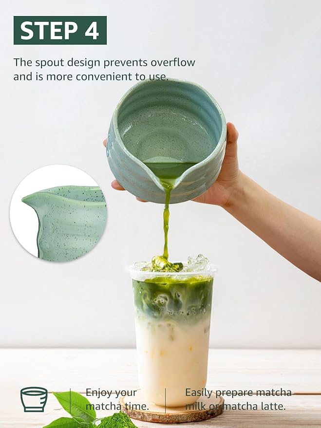 Sisher Matcha Whisk set,Matcha Bowl with Spout，Cute Matcha Set(5pcs) Matcha Bowl, Bamboo Whisk, Matcha Scoop, Matcha Whisk Holder (Chasen Holder), Stainless Steel Sifter, Matcha Making Kit(Green)