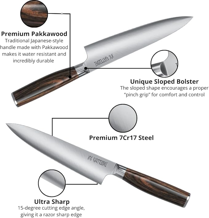 Yatoshi Kitchen Knife Set - 3 Piece, Ultra Sharp High Carbon Stainless Steel, Full Tang