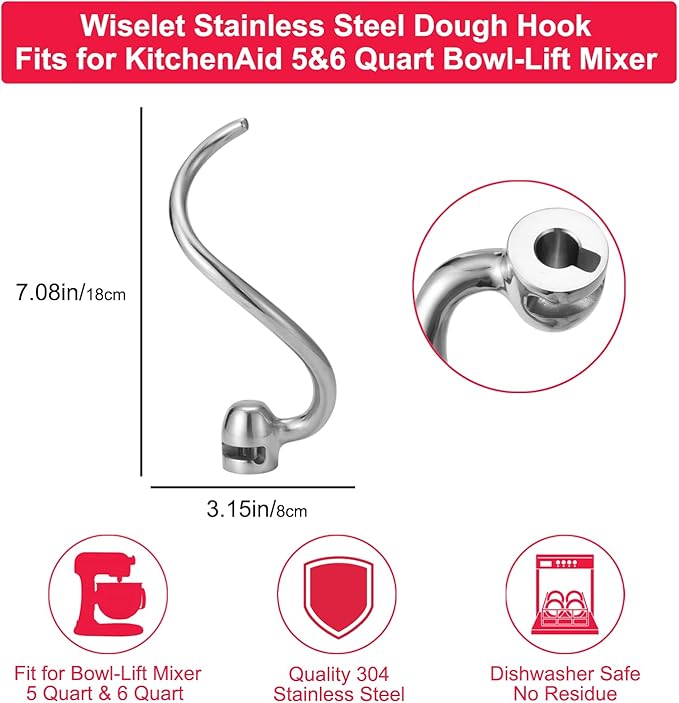 Stainless Steel Dough Hook for KitchenAid Bowl-L Professional 600&Pro 5 Plus Mixer, Heavy Duty, Dishwasher Safe Fit for KSM5 KV25G0X KV25G8X KV25H0X KP26M1X KP26M8X