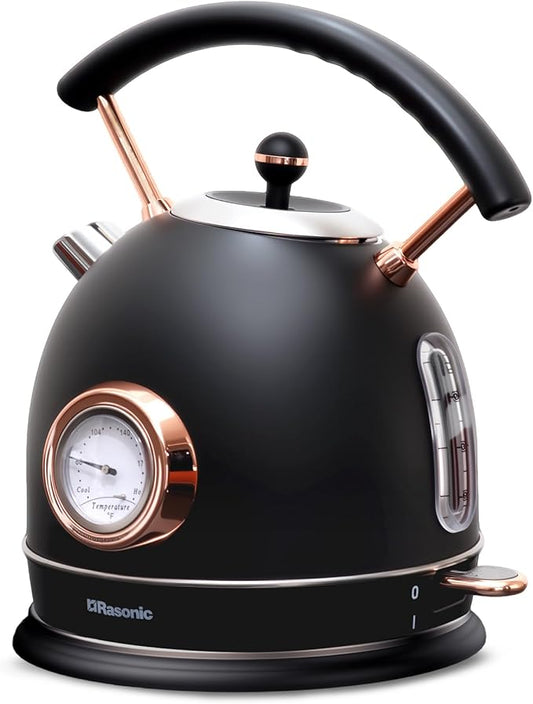 Rasonic Classic Retro Electric Kettle, 1.8L Stainless Steel, 1500W Fast Quiet Boiling, Temperature Gauge, LED Light, Auto Shut-Off, Home & Office Use - Matt Finish Black and Rose Gold