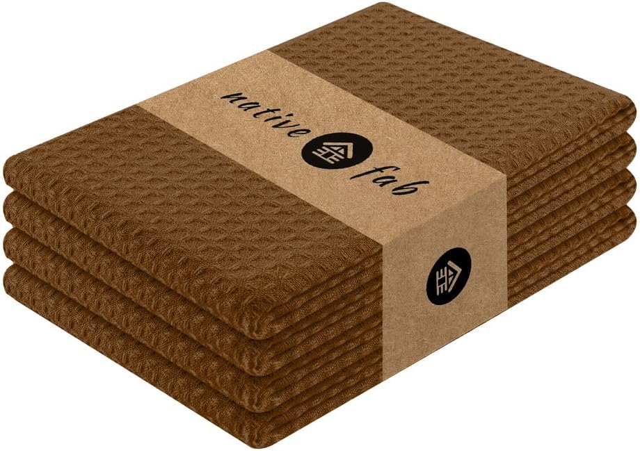 Native Fab Cotton Dish Towel 4 Pack Waffle Weave Tea Towels for Cleaning Drying, 16x26 inches, Soft & Absorbent Washcloths, Kitchen Towel with Hanging Loop, Dish Cloth Set, Brown