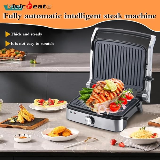 Vivicreate 5-in-1 Contact Grill Stainless Steel Panini Press Nonstick Electric Grill Adjustable Temperature Removable Plates Portable for Sandwiches Steak Chicken Breakfast eléctrica prensa de panini