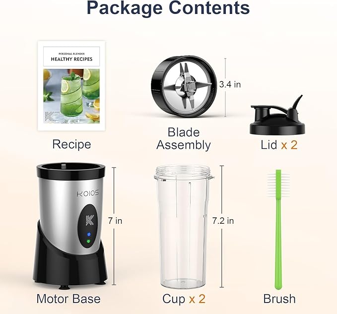 KOIOS Smoothie Blender, 900W Personal Blender for Shakes and Smoothies Kitchen with 2 No-BPA 22oz Portable Cups, Single Serve Smoothies Maker Mixer for Juices, Nutritious Recipe, Sliver