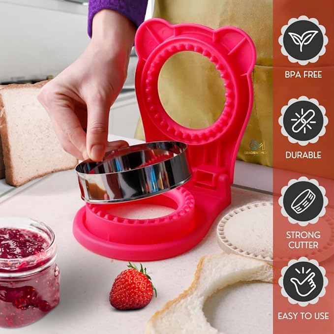 Sandwich Cutter and Sealer Uncrustables Maker Crustless Bread Cutter Sandwich Decruster For Kids Back to School Bento Box Accessories (Pink)