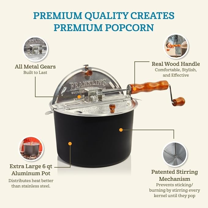 Franklin's Gourmet Popcorn Popper - 6 Quarts Original Stovepop Popcorn Maker - Delicious & Healthy Movie Theater Popcorn - Homemade Popcorn Machine Just Like the Movies