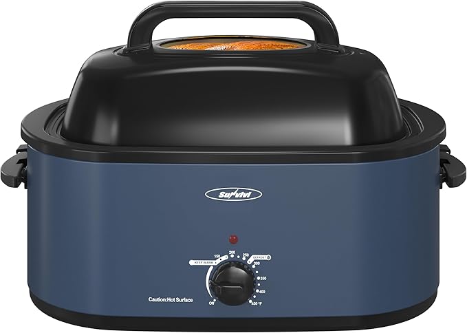Roaster Oven, Electric Roaster Oven with Viewing Lid, Large Roaster with Removable Pan & Rack, Turkey Roaster with Unique Defrost/Warm Function, Stainless Steel, Blue, 26QT