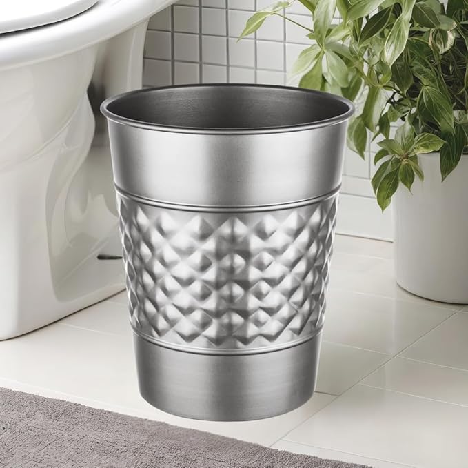 Monarch Abode Pewter Handcrafted Geometric Embossed Metal Wastebasket for Home Office, Decorative Waste Basket, Modern Bathroom Garbage Can, Durable & Decorative Trash Bin, Pewter Bathroom Trash Can