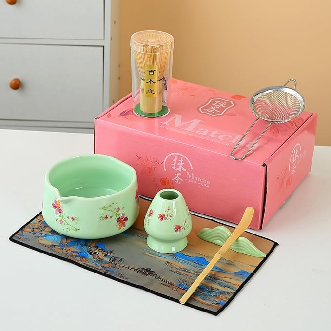 Matcha Set 7-Piece matcha whisk set，matcha set Kit, 1matcha whisk, 1 Scoops, Strainer, macha whisk set green matcha kit