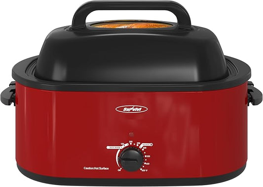 Roaster Oven, Electric Roaster Oven with Viewing Lid, Large Roaster with Removable Pan & Rack, Turkey Roaster with Unique Defrost/Warm Function, Stainless Steel, Red, 26QT