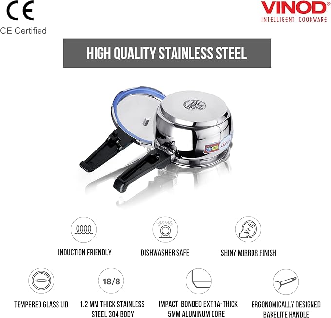 Vinod Pressure Cooker Stainless Steel – Glass Lid Handi Pot - 1.5 Liter – Indian Pressure Cooker – Stove Top Sandwich Bottom – Best Used For Indian Cooking, Soups, and Rice Recipes, Quinoa