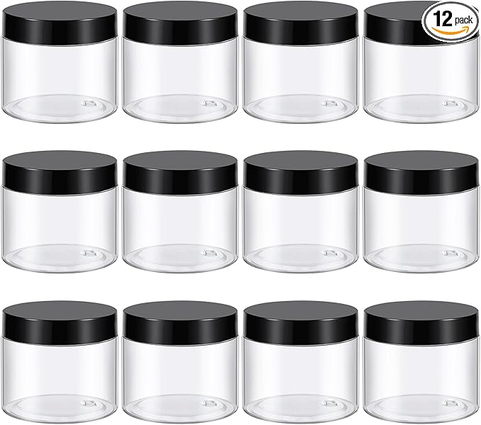TUZAZO 6 Oz Plastic Container Jars with Lids and Labels BPA Free, Empty Round Clear Cosmetic Containers Plastic Slime Jars for Lotion, Cream, Ointments, Body Butter, Makeup, Travel Storage (12 Pack)