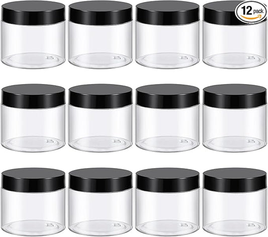 TUZAZO 6 Oz Plastic Container Jars with Lids and Labels BPA Free, Empty Round Clear Cosmetic Containers Plastic Slime Jars for Lotion, Cream, Ointments, Body Butter, Makeup, Travel Storage (12 Pack)