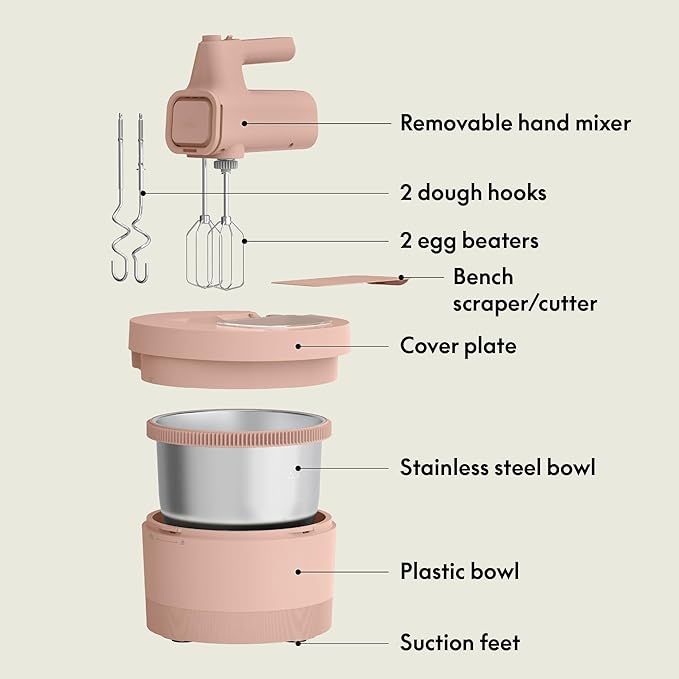 bella 3.5 Qt Hand & Stand Mixer, 2 in 1 Electric Mixer with Bowl, Dough Hook, Whisk & Egg Beater, Multifunctional Handheld Blender & Mixer for Baking, 200 Watt, Blossom