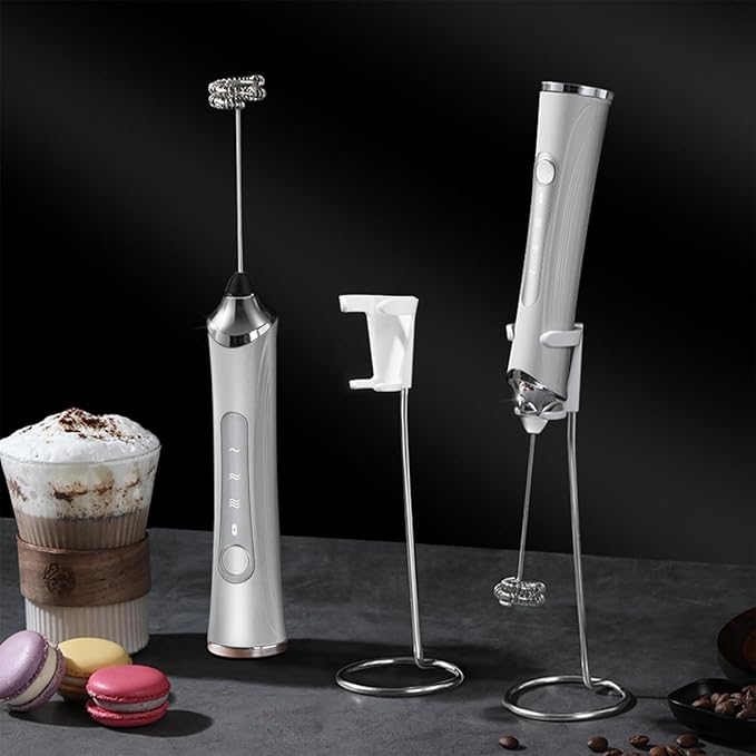 Rechargeable Milk Frother Handheld For Coffee,3 Speeds Frother Wand With Stand, Batidora De Mano Electrica,With 2 Heads,Drink Mixer Electric Handheld,Kitchen Essentials (Silvery)