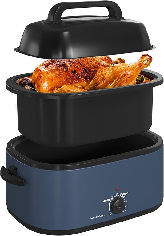RoyalCraft 22-Quart Electric Roaster Oven with Visible Self-Basting Lid, Turkey Roaster Oven with Removable Pan and Rack, Perfect for Large Meals and Holiday Feasts, Blue
