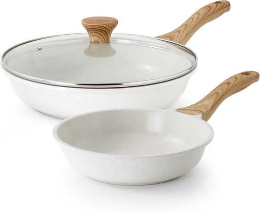 SENSARTE Nonstick Frying Pan Skillets, White Ceramic Coating Omelette Pans, Healthy Cookware Chef's Pan, Free of Intentionally Added PTFE & PFAS (8+11Inch with Lid)