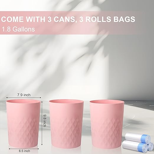 JiatuA 3 Pack Small Trash Can with Trash Bags Bathroom Garbage Bin Round Plastic Waste Basket for Kitchen, Bedroom, Office, College Dorm, Craft Room, Pink