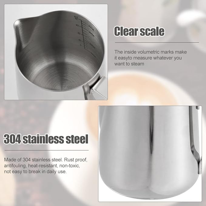 1PCS 350ML/12oz Milk Frothing Jug for Coffee Machine 304 Stainless Steel Milk Pitcher Cup with Spoon Milk Cup for Making Cappuccino Latte and Espresso