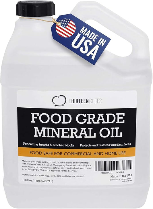 Thirteen Chefs Mineral Oil - 128oz Food Grade Conditioner for Wood Cutting Board, Countertop & Butcher Block, Lubricant for Knife or Meat Grinder - Safe USP Finish on Marble, Soapstone