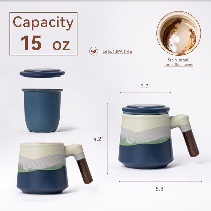 Tea Cup with Infuser and Lid 15oz - Kiln-Transformed Ceramic Mug with Mountain Pattern, Wood Handle Loose Leaf Tea Set, Anniversary Birthday Gift